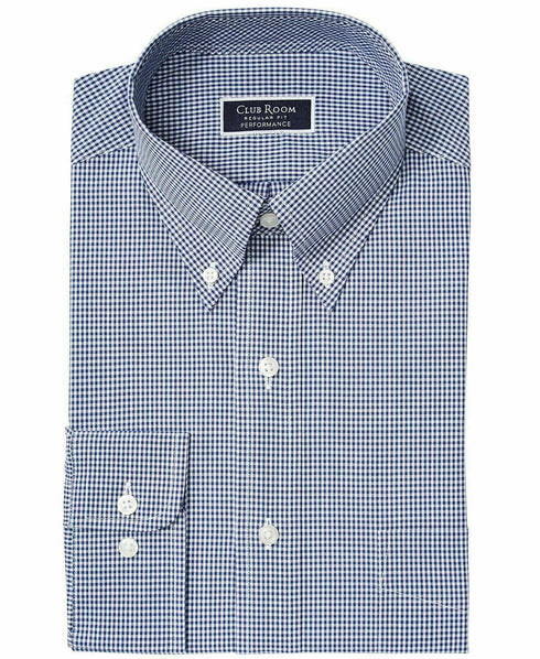 Club Room Men's Regular Fit Stretch Mini Gingham Dress Shirt Navy 17 36-37